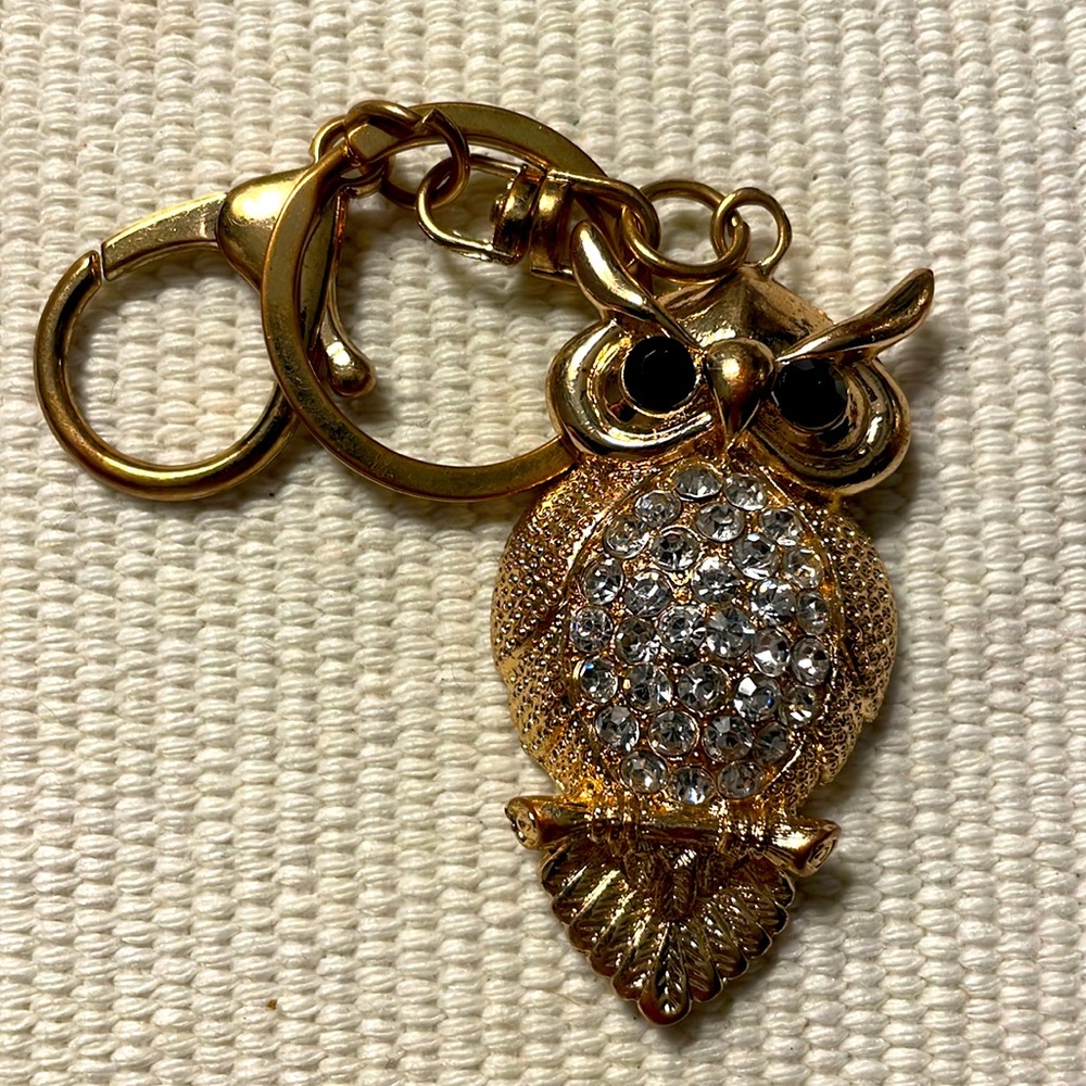 NWT Gold owl keychain with rhinestone details